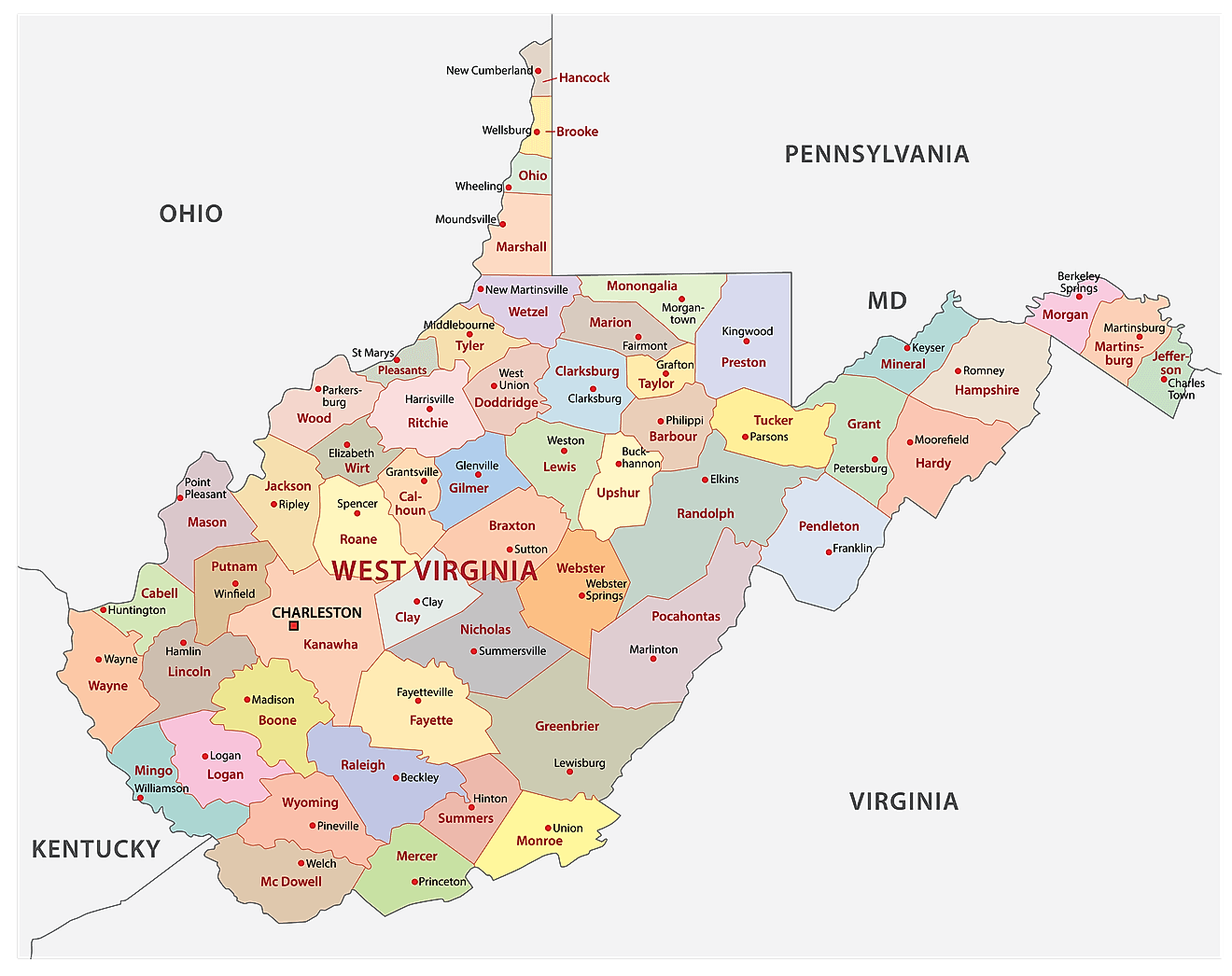Administrative Map of West Virginia showing its 55 counties and the capital city - Charleston